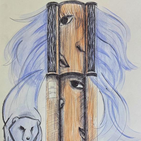 Drawing of an air conditioner tower with facial features and cool air flow imagery.