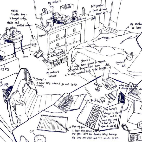 Drawing (black pen on paper) of the interior a hotel room with annotated details about various objects and items