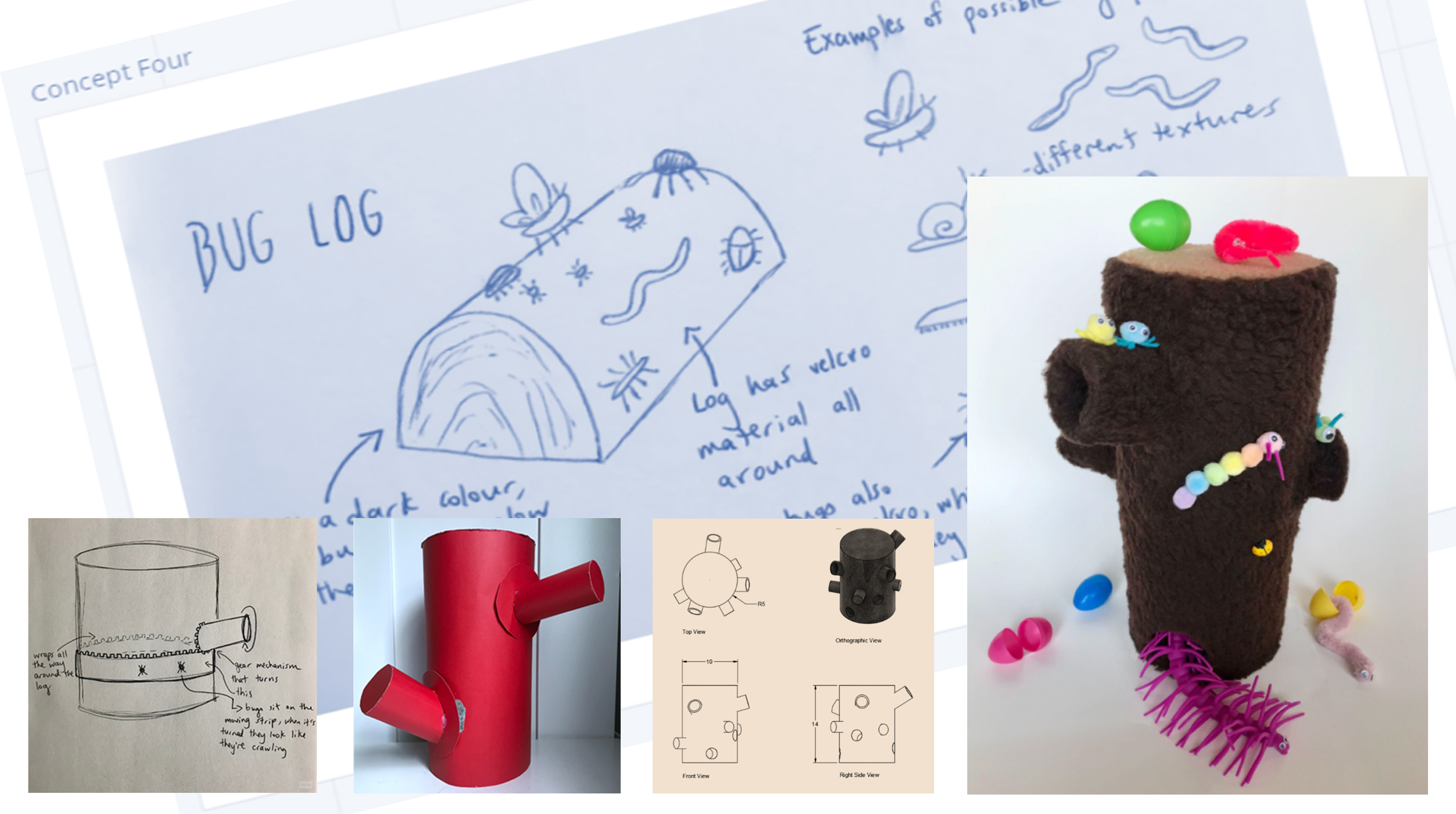 collage of sketches, prototypes, and model of bug log toy.  