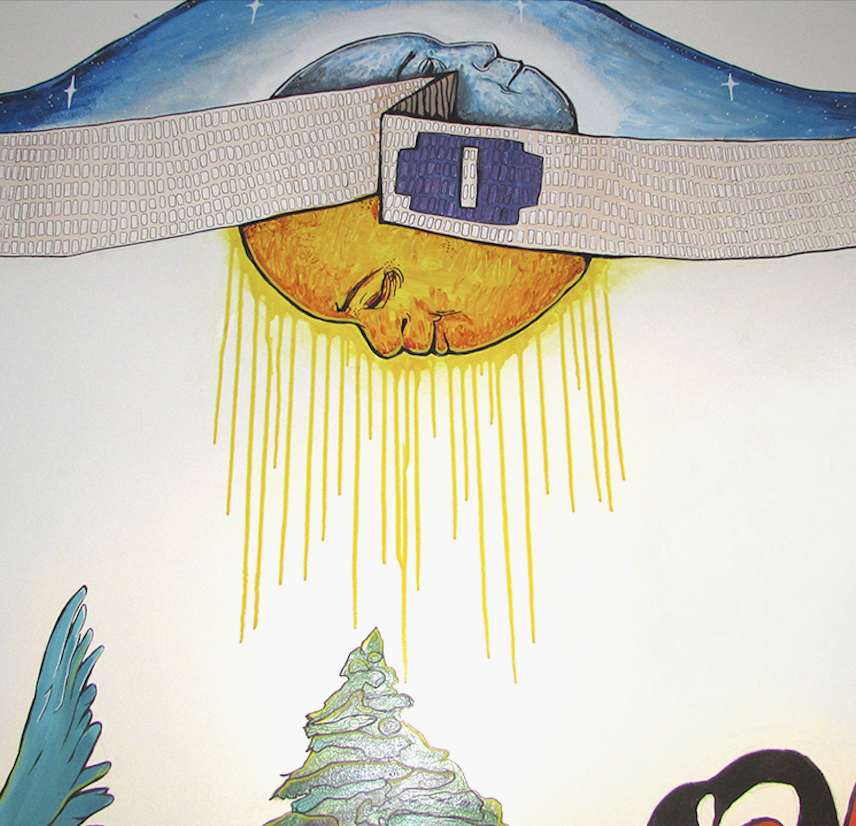 Mural of the "Dish with one Spoon" Wampum belt: a white band with a purple "o" shape in the middle. Above and below the belt are the sun and moon, respectively.