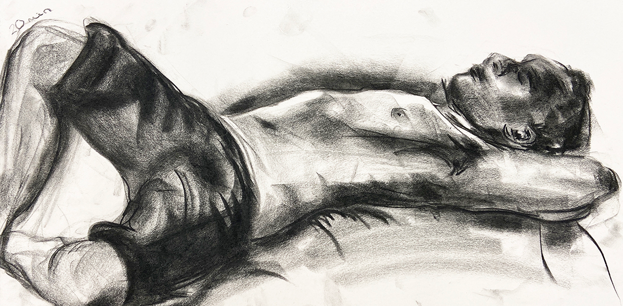 A charcoal figure drawing of a reclined figure laying on their back with their hands behind their head.