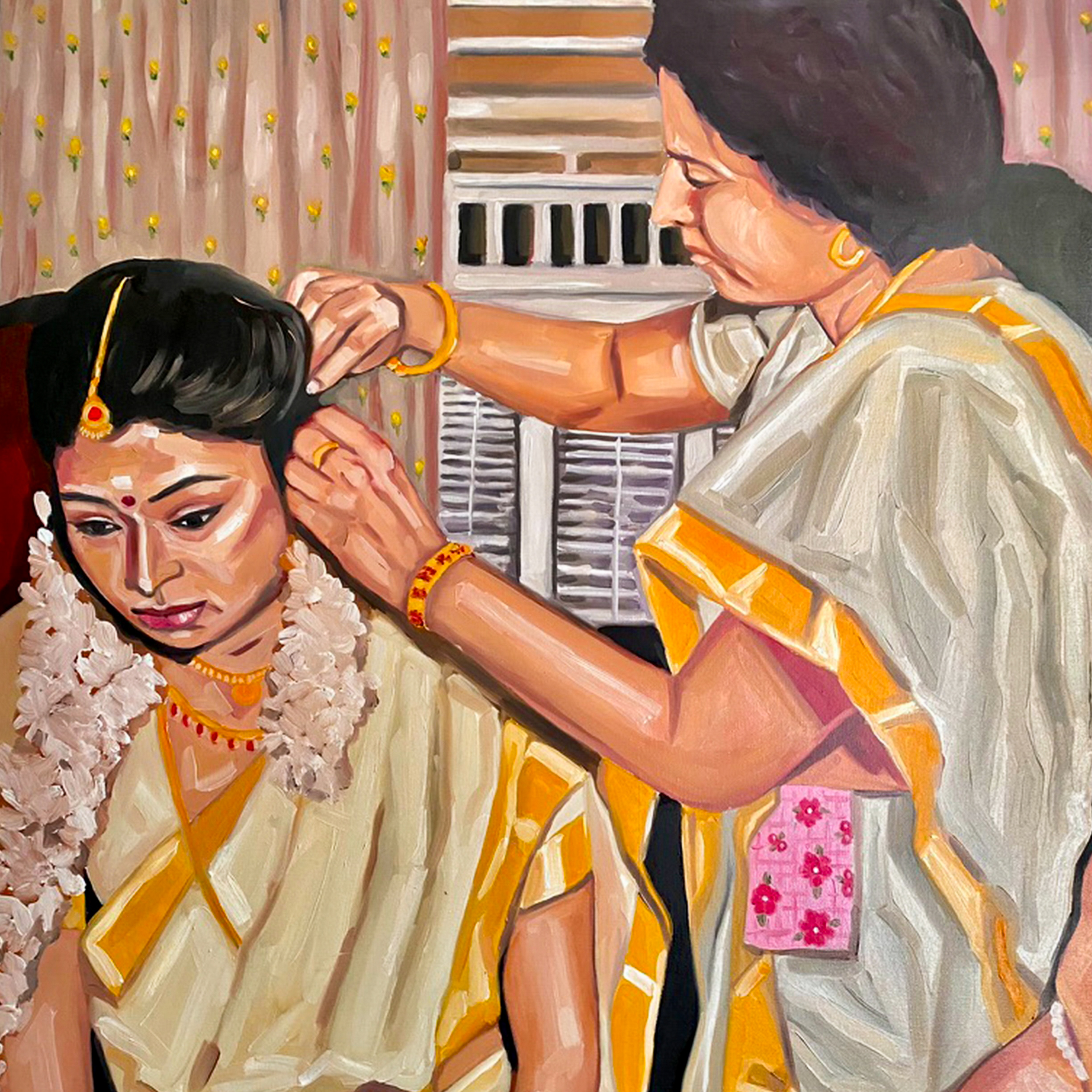 Painting of a woman doing another woman's hair 