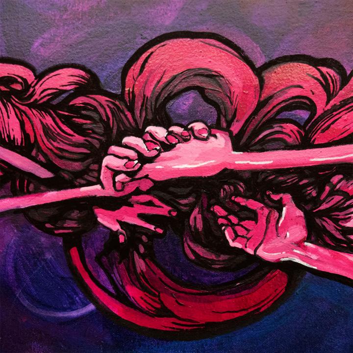 crop of a painting: two pink hands reach out and grab one another.