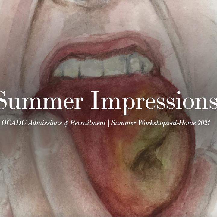 Drawing of person biting into an apple. "Summer Impressions" written over the image. 