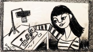 A charcoal illustration drawing of a girl drawing a picture at her desk.